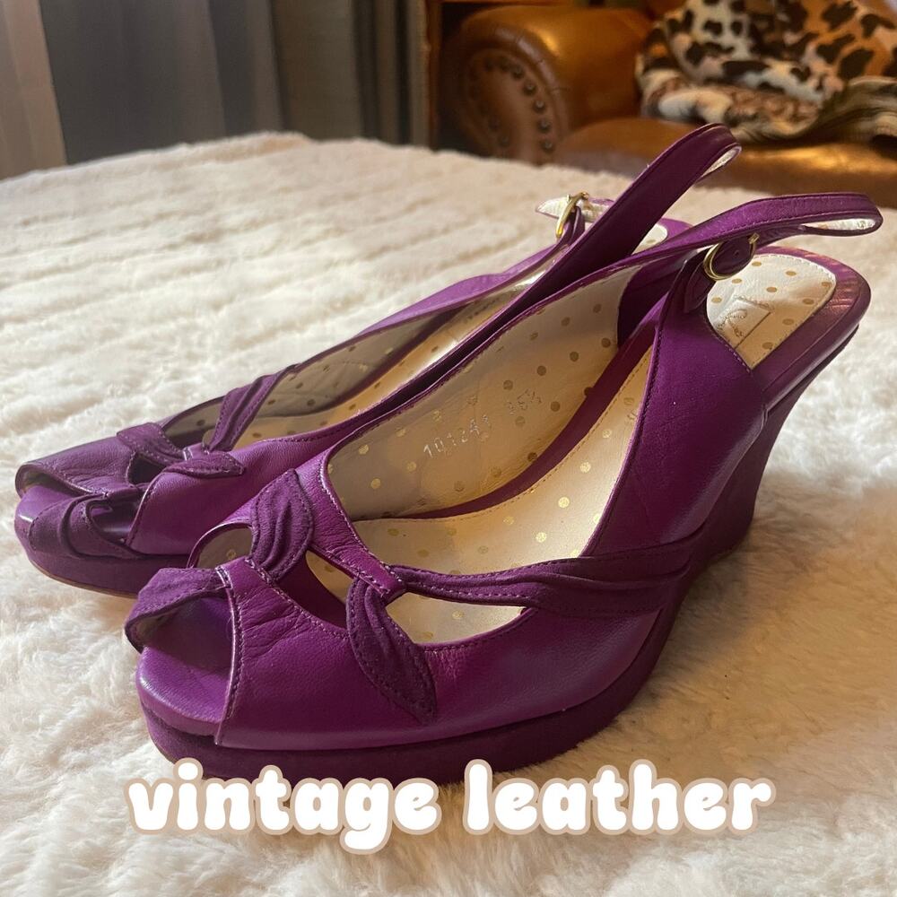 LULU GUINNESS sandals EU36.5 US6-6.5 purple leather wedge slingback peep toe Y2K
